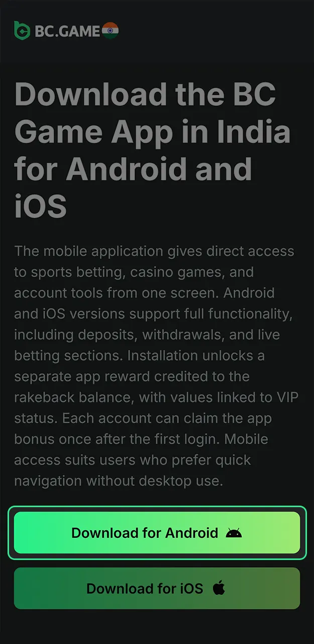 Navigate to the mobile page to find the official BC Game APK download link.