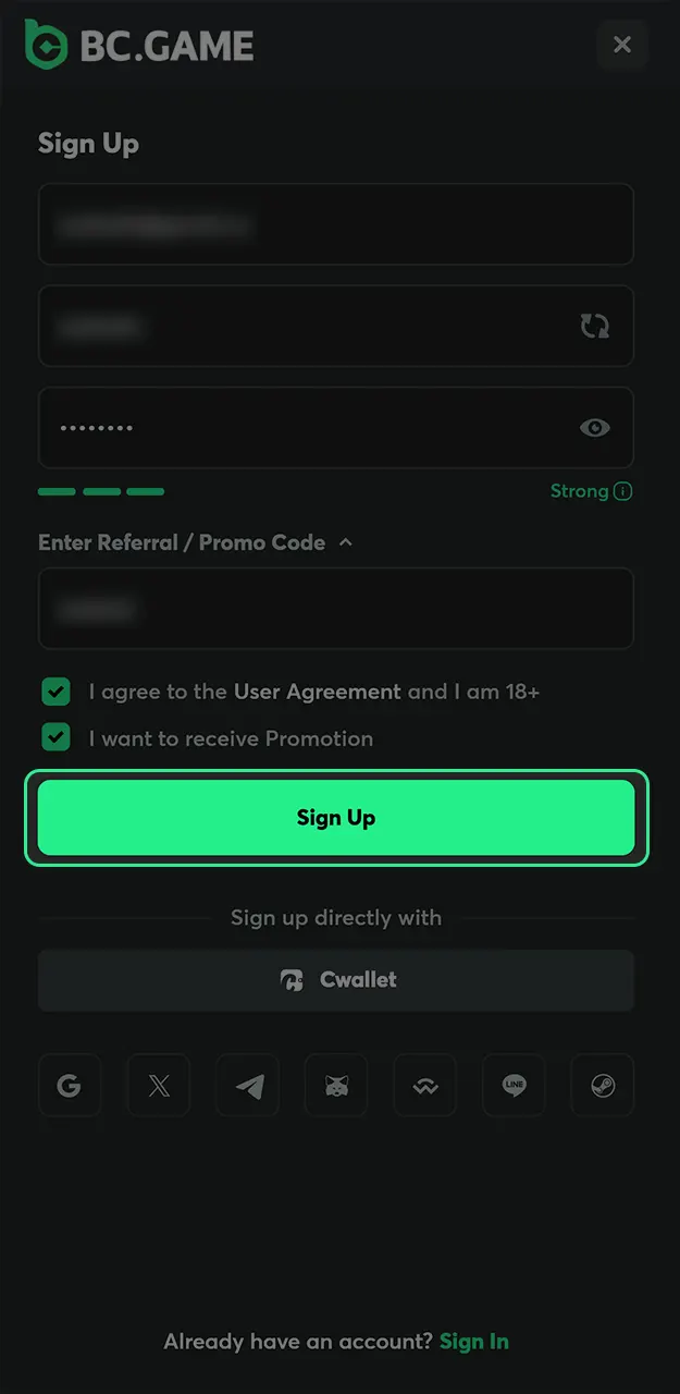 Hit the confirm button to activate your account and start playing Aviator at BC Game.