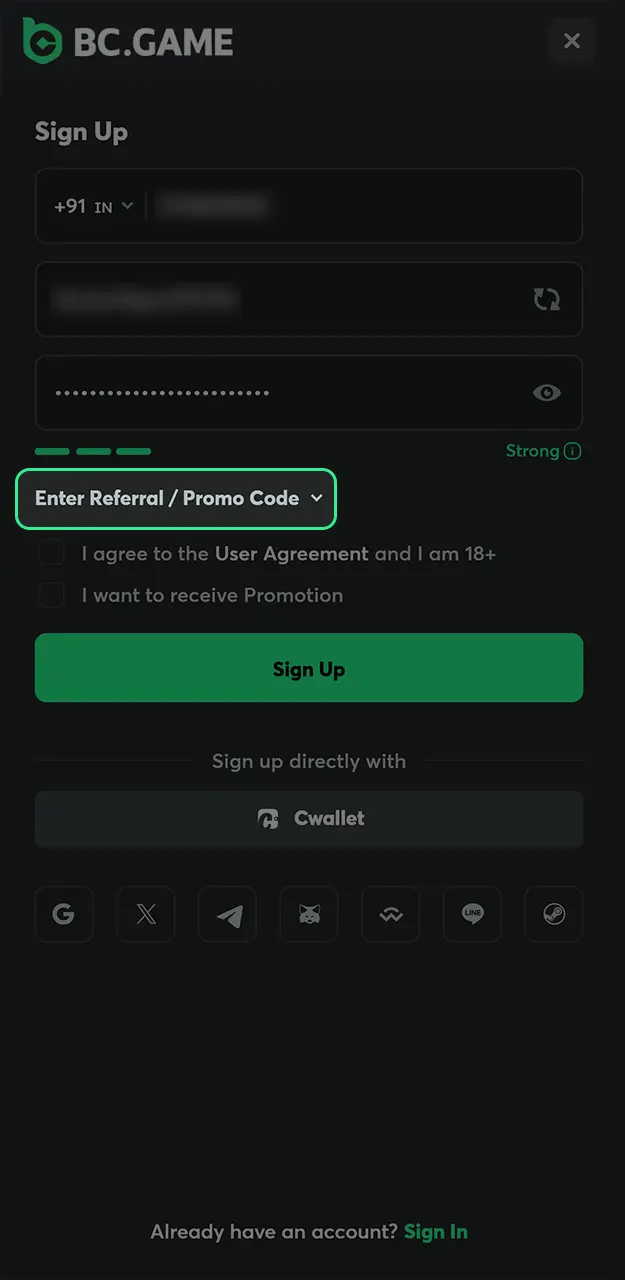 Enter the active referral code during registration to receive exclusive rewards for playing Crash on BC Game.