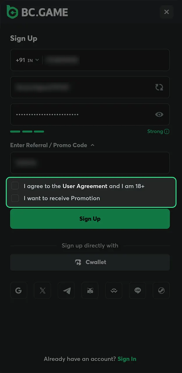 Accept the user agreement to start playing Crash on BC Game.