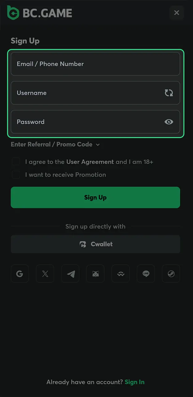 Enter your email address and password to play Crash on BC Game.
