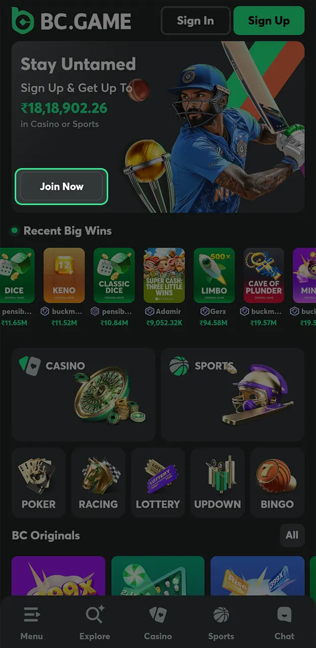 Find the registration button on the BC Game India homepage to start playing Crash.