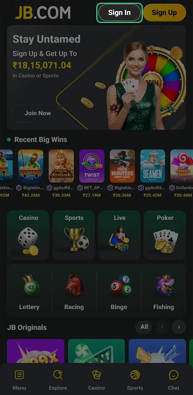 Open the app and enter your credentials for a secure JB Casino mobile gaming.