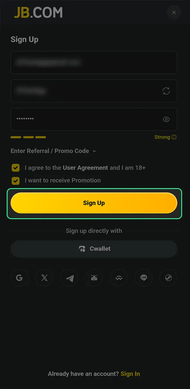 Finalize the sign up process and perform your first JB Casino login to start winning.