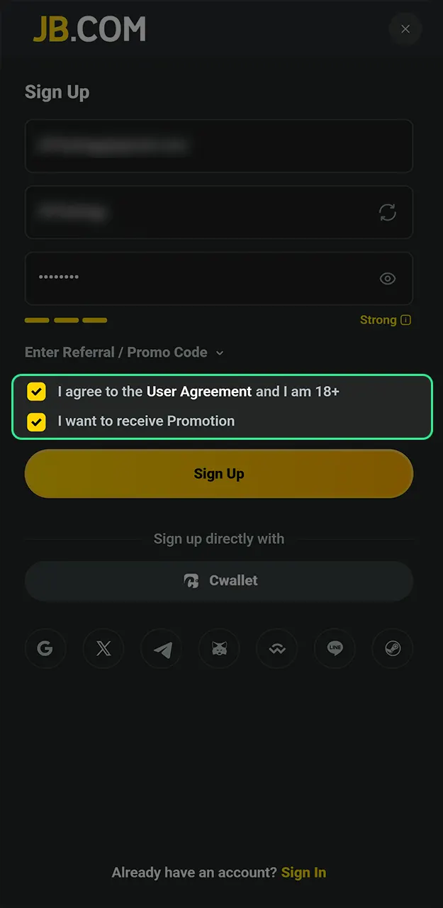 Confirm your age and agree to the platform's rules to complete your registration at JB Casino.