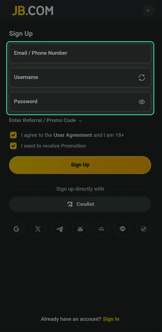 Provide your email or phone number to create your unique JB Casino player profile.
