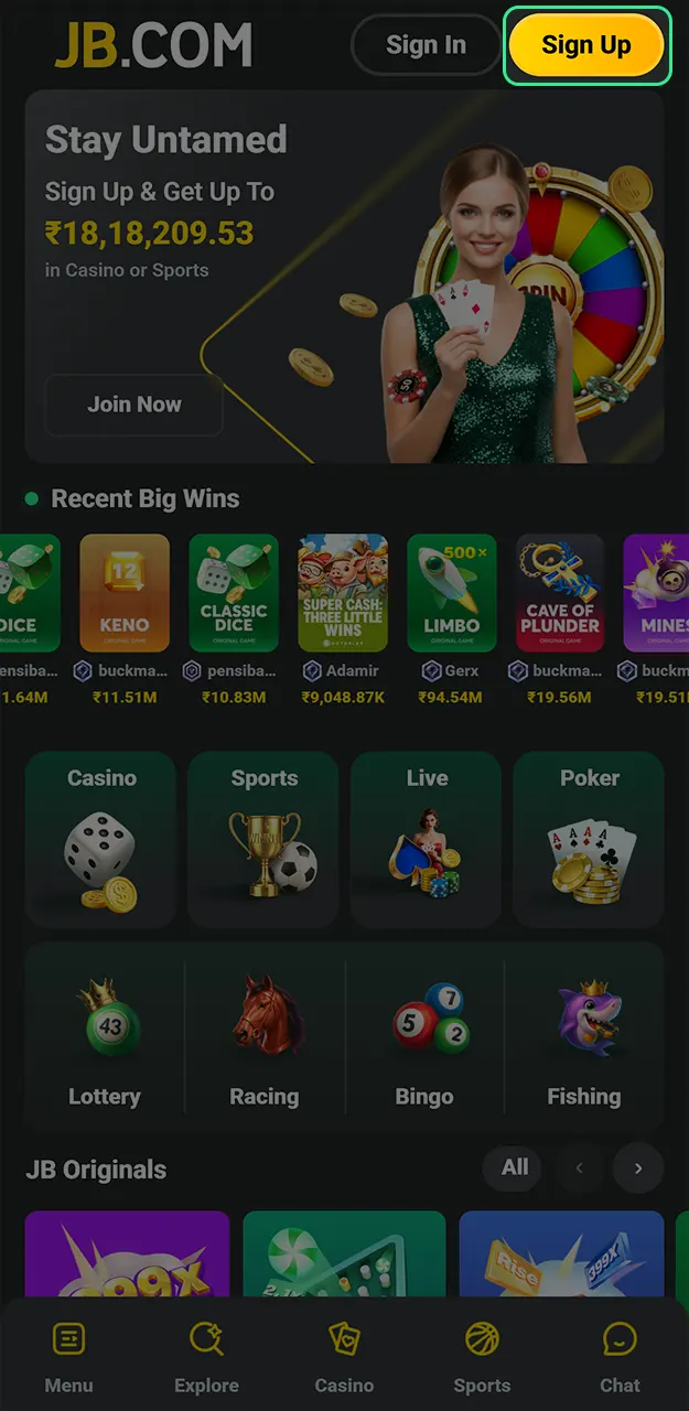 Locate the registration button on the JB Casino homepage to begin your account setup.