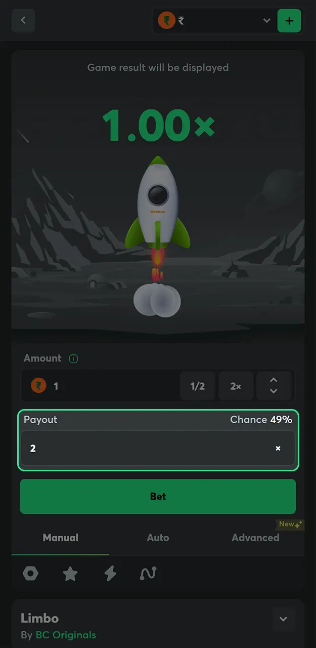 Enter your desired payout target to determine your probability of winning in BC Game Limbo.