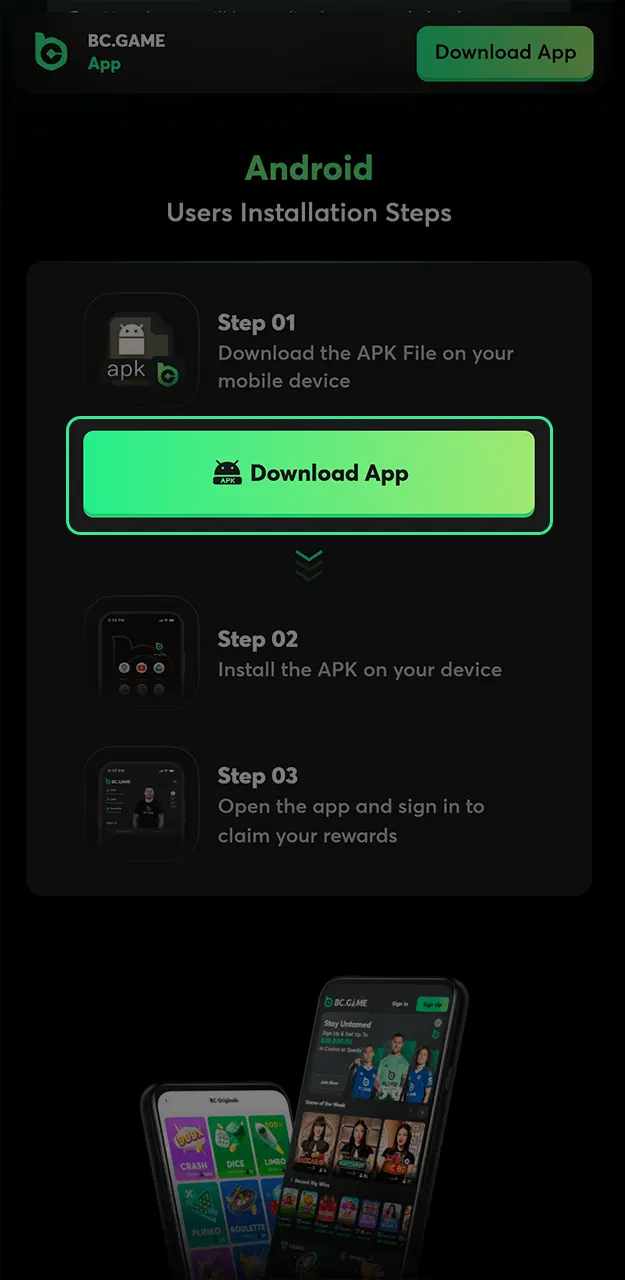 Start installing the BC Game app on Android.