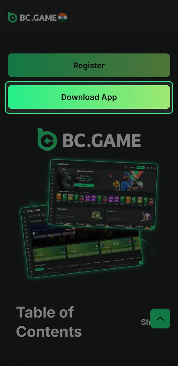 Navigate to the mobile download page on the official BC Game India website.