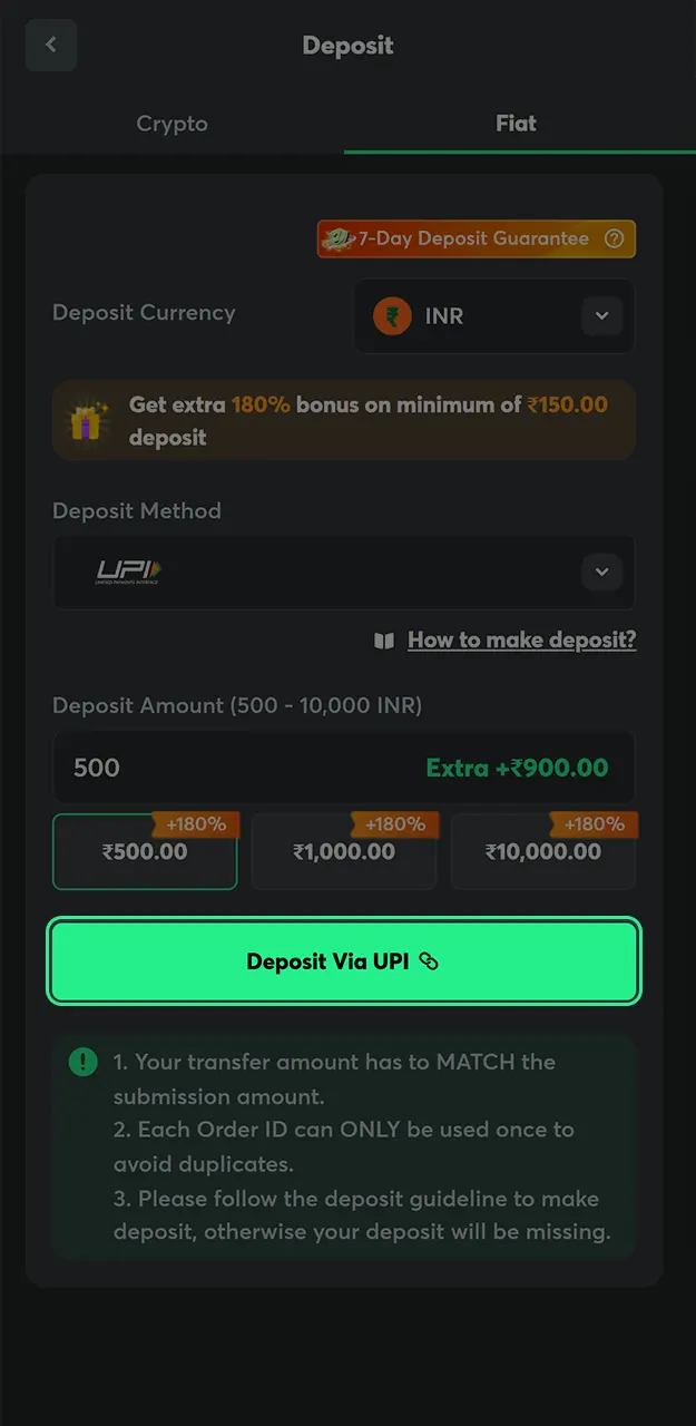 Complete the deposit to instantly receive your funds and bonuses at BC Game.