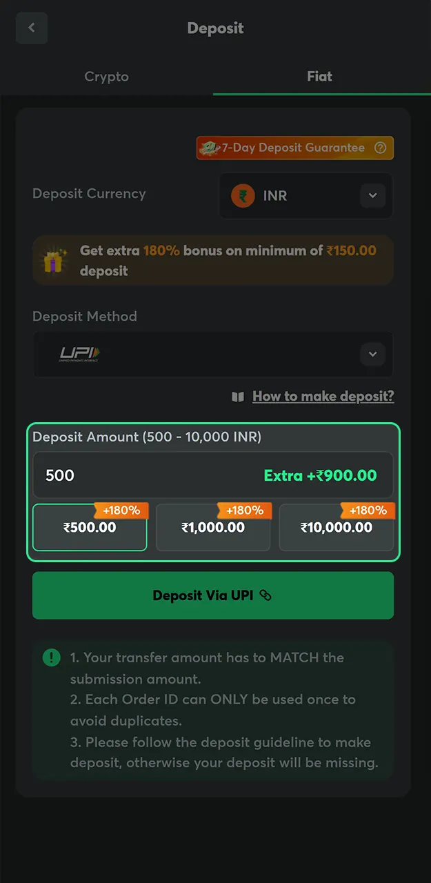 Input the sum you wish to add to your BC Game balance to start playing.