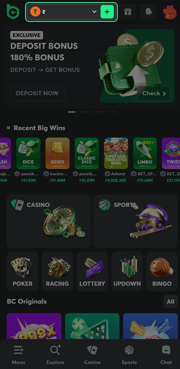 Open your BC Game wallet to view all available funding options for Indian players.