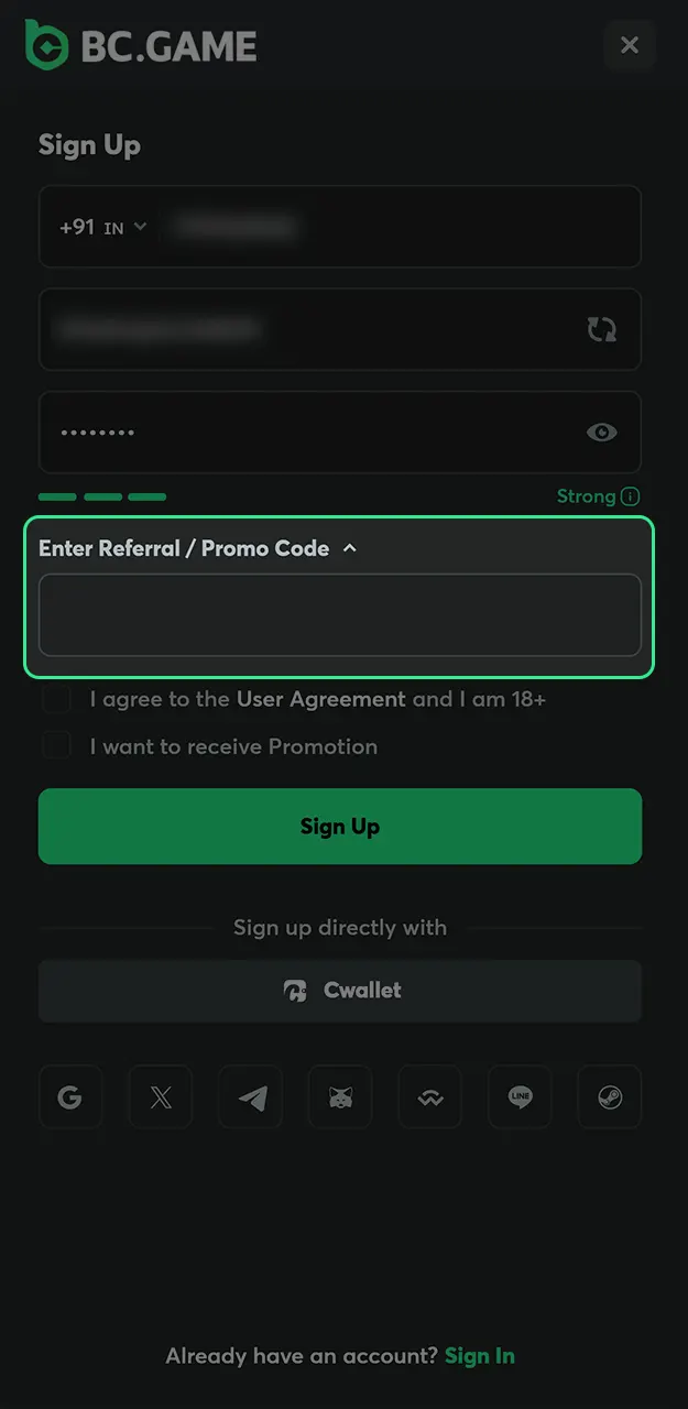 Use an active BC Game promo code during sign-up to unlock exclusive rewards.