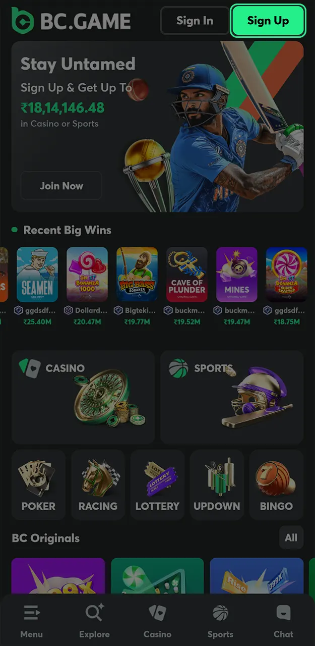 Complete the BC Game sign up process using your email or mobile number to get started.