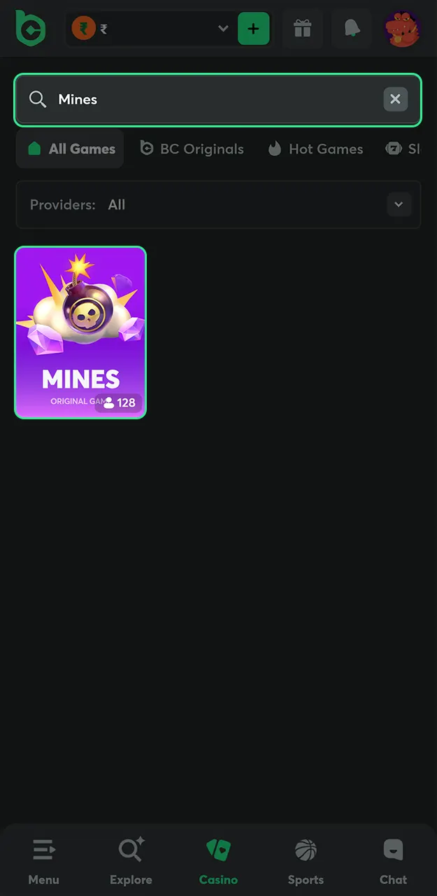 Locate the game in the BC Originals section and start playing Mines today.