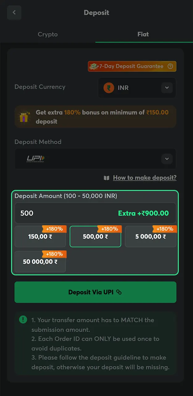 Enter the amount in any currency you want to add to your BC Game balance.