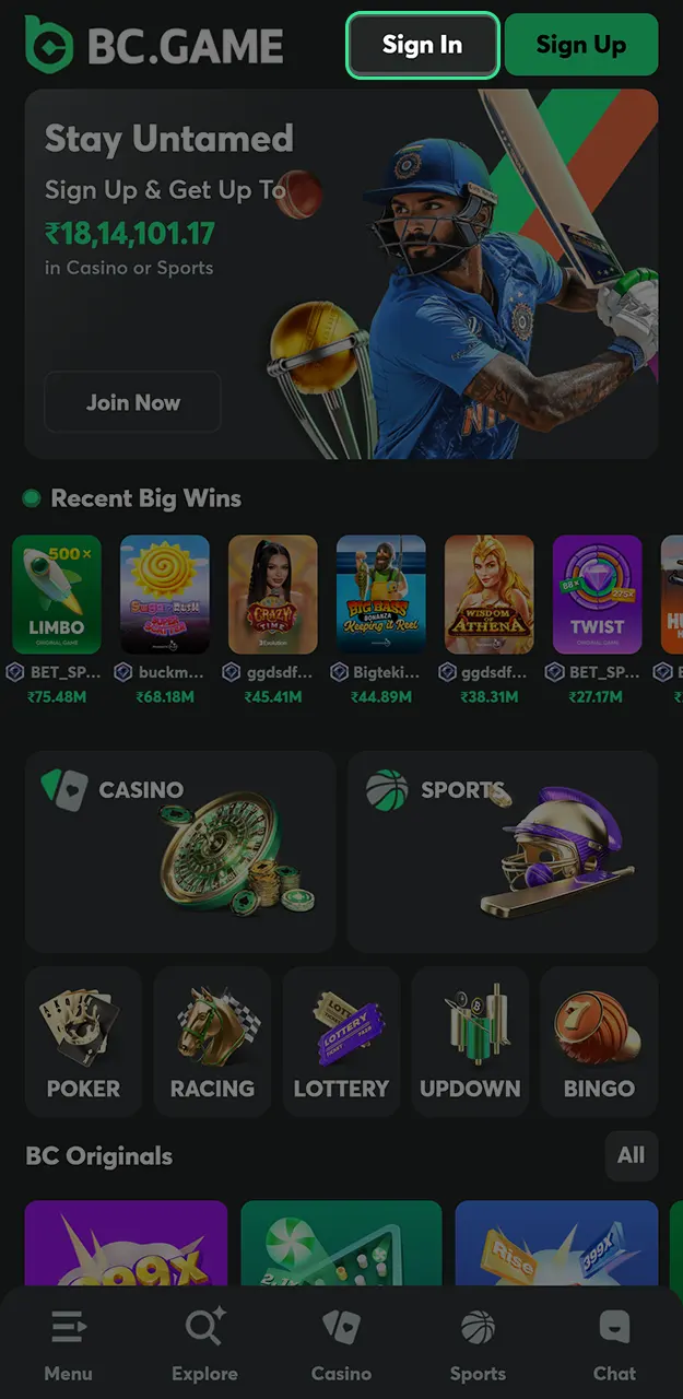 Log in to your account to make a secure deposit at BC Game.