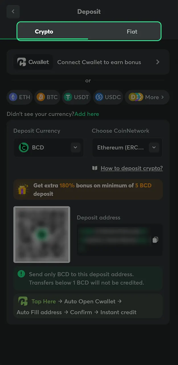 Select your preferred method for depositing funds into your BC Game account.