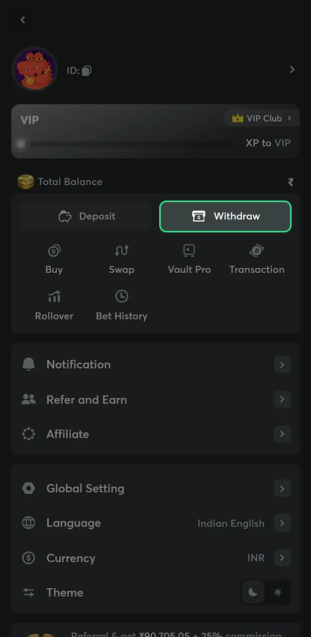 Select a payment method to start transferring your winnings from BC Game to your wallet.