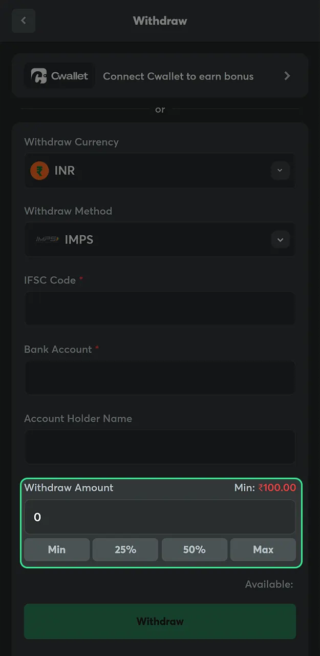 Specify the total amount of winnings you want to withdraw from your BC Game account.