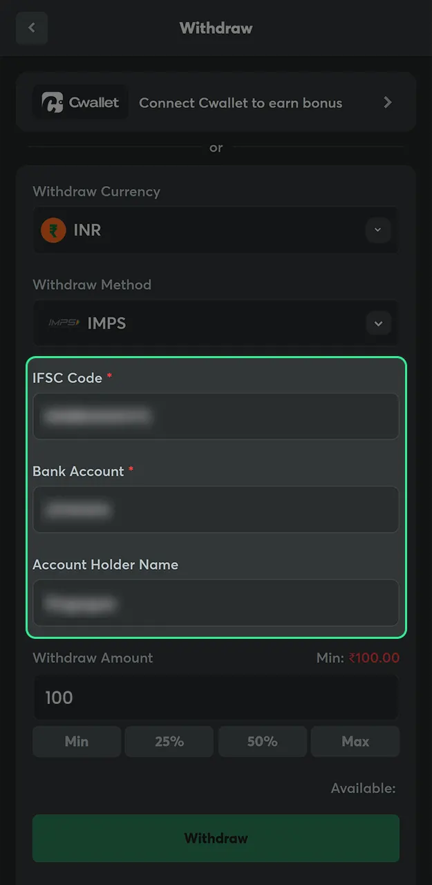 Fill in your details to receive your winnings from BC Game.