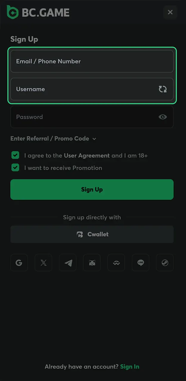 Enter your email address or phone number to create a secure profile for playing Plinko at BC Game.