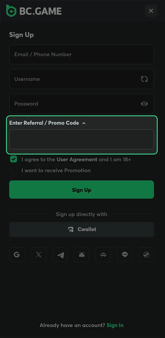 Enter a valid BC Game promo code to receive bonuses.