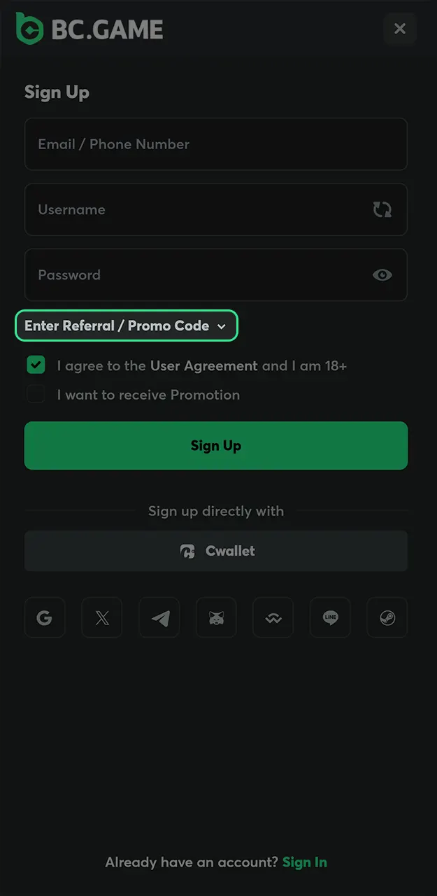 Click on the promo code drop-down menu in the BC Game registration form.