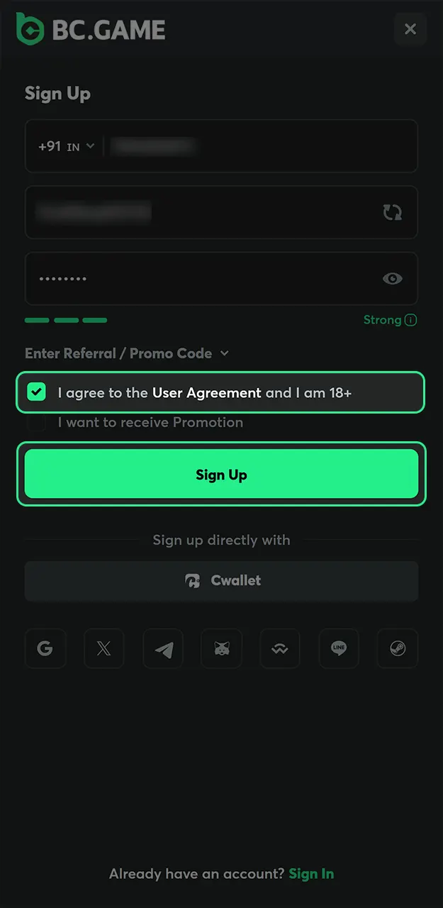 Click to complete your registration on your mobile device and start playing on the BC Game website.
