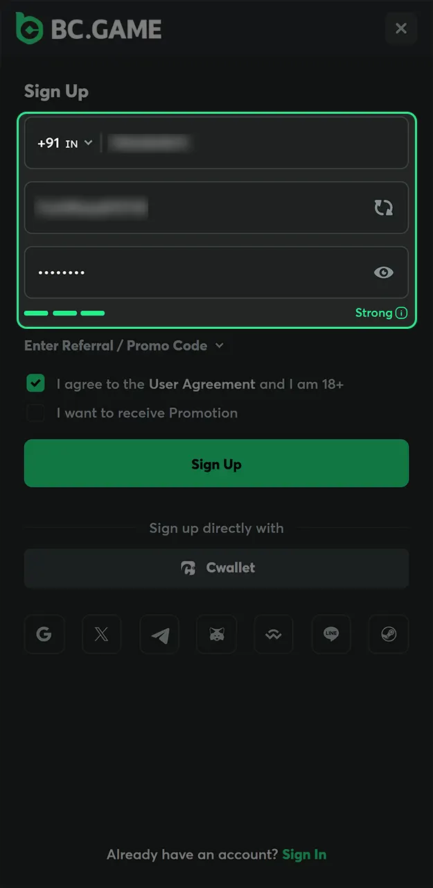 Provide your credentials and select your preferred currency in the BC Game app.