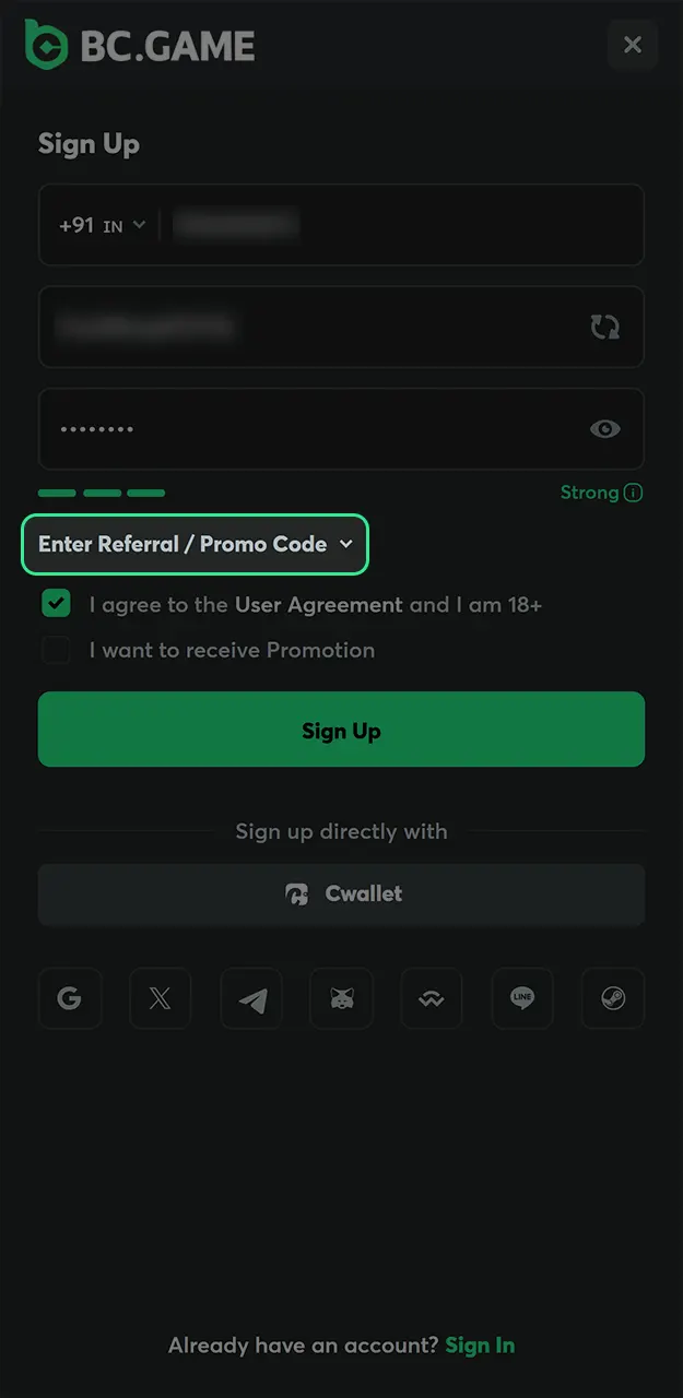 Input an active BC Game promo code to unlock bonus.