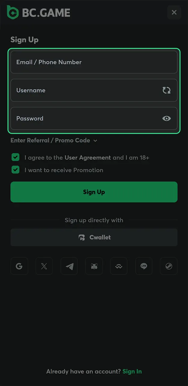 Choose between email or phone registration and set a strong password for your BC Game profile.