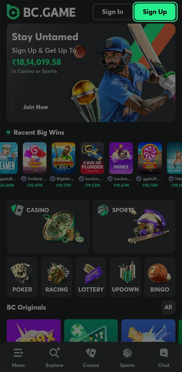 Click the sign up button in the top corner to open the BC Game registration form.