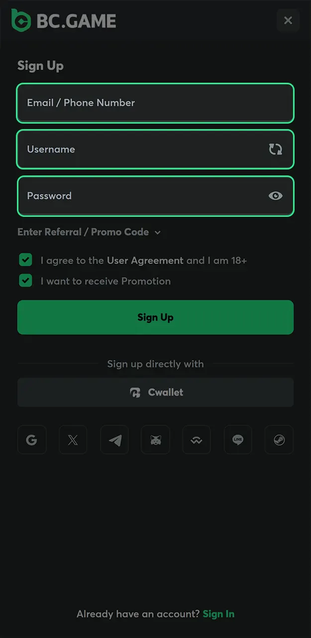 Enter your email address or mobile phone number to create a secure account on BC Game.
