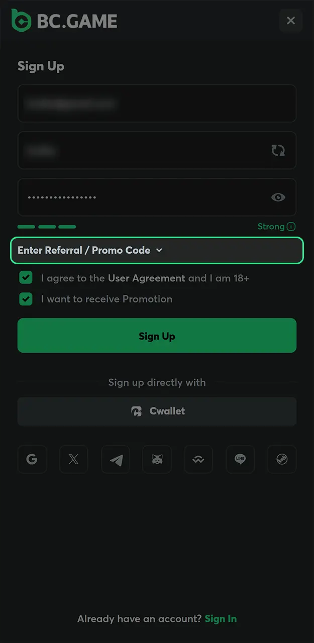 Apply an active BC Game promo code during sign up to unlock your sports welcome package.