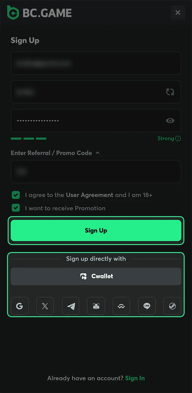 Press the confirm button or use socials for an instant BC Game login and account activation.